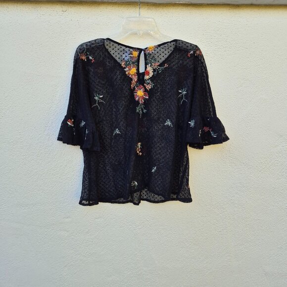 Anthro Maeve Floral Embroidered Black Mesh Sheer Blouse Top Romantic Whimsigoth - Picture 8 of 16